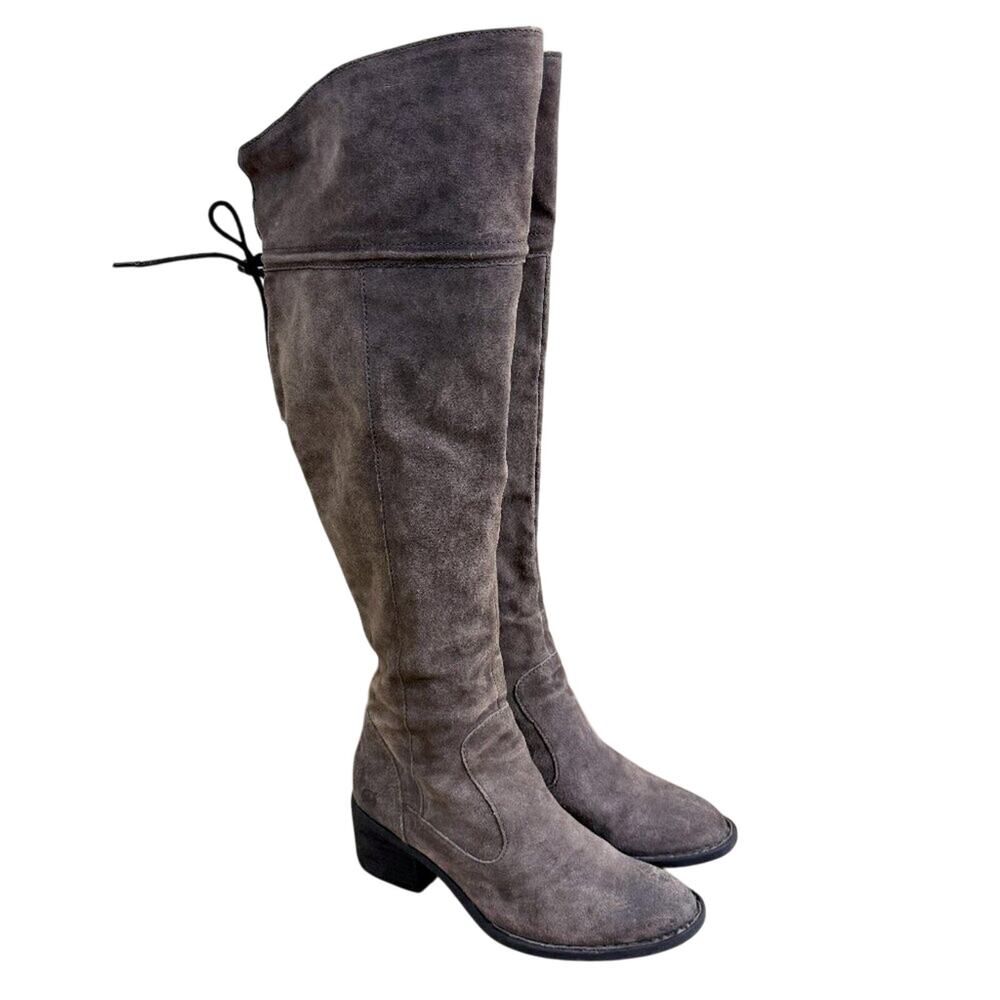 Born Taupe Suede Over the Knee Boots Women's 7.5 Side Zip/Back Tie Flannel Lined
